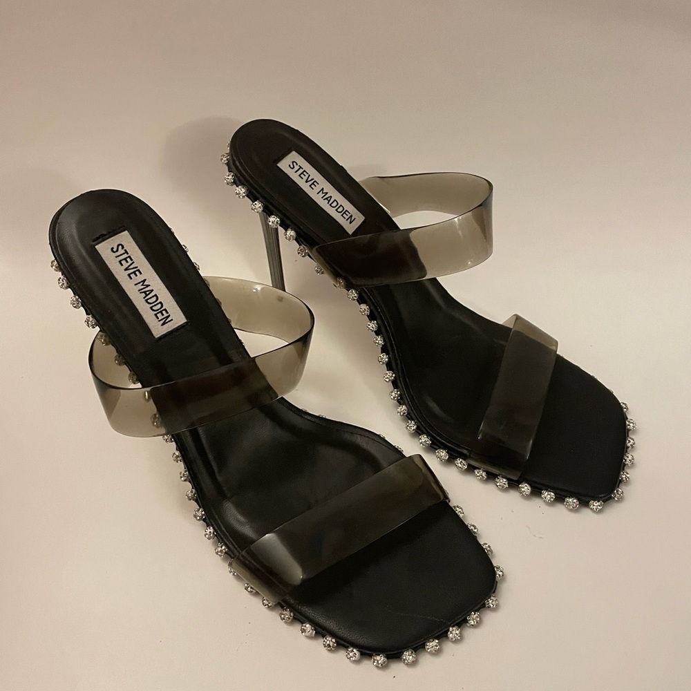 Steve Madden Black and Silver Heeled Sandals